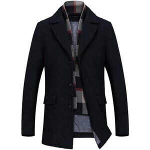 Mens WoolBlend Coat Winter Trench Coat with Detachable SoftScarf Single Breasted